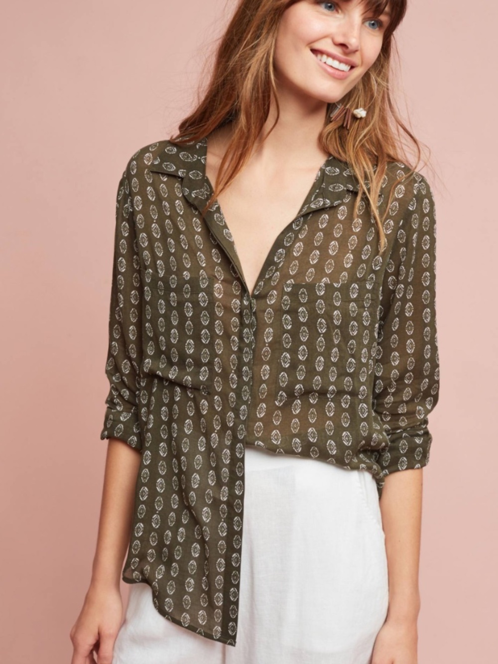 Anthropologie Cloth & Stone Blake Button Down Size L Olive Green Semi Sheer Top